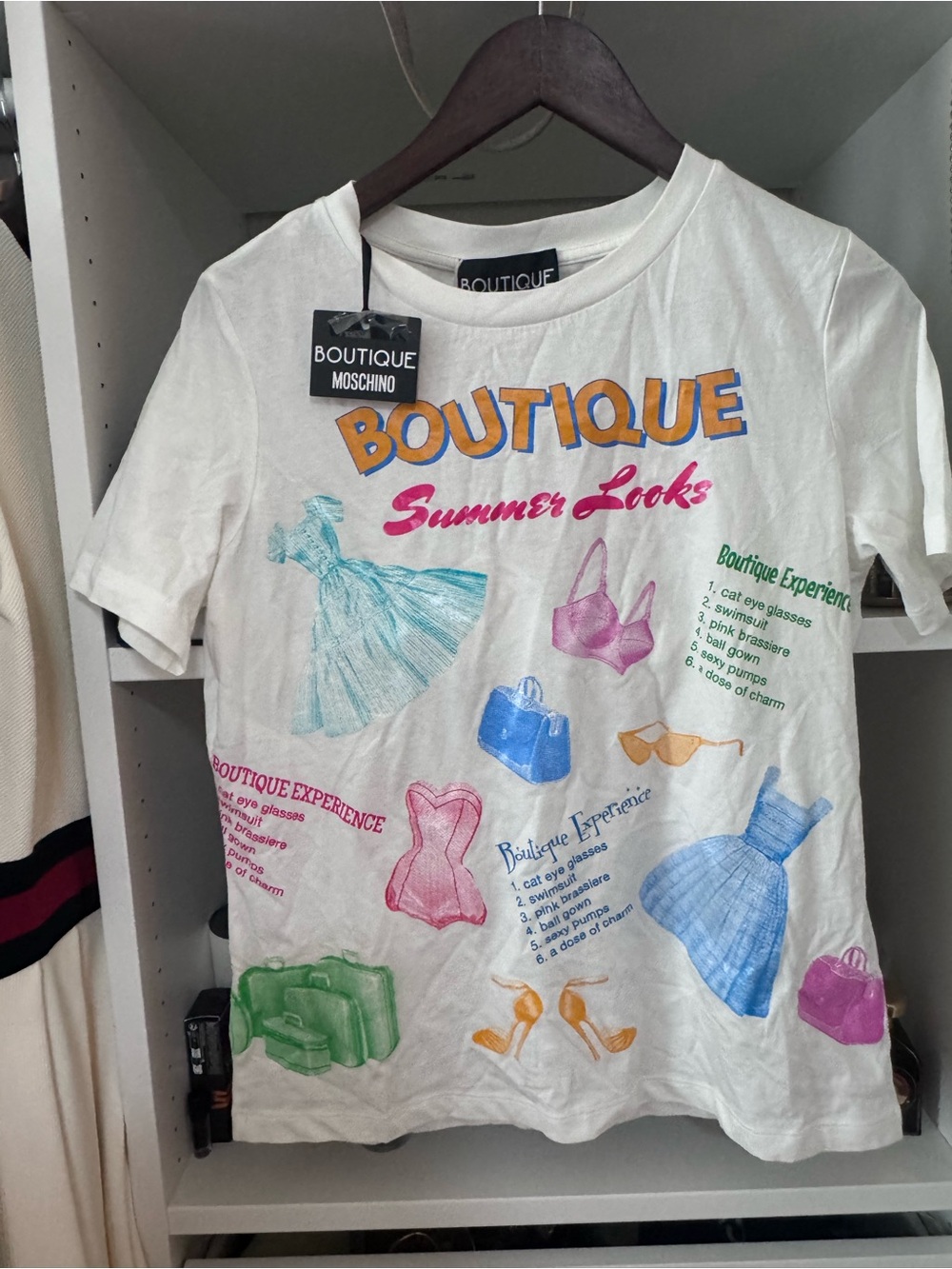Moschino White Short-Sleeve Graphic Tee with Multicolor Prints